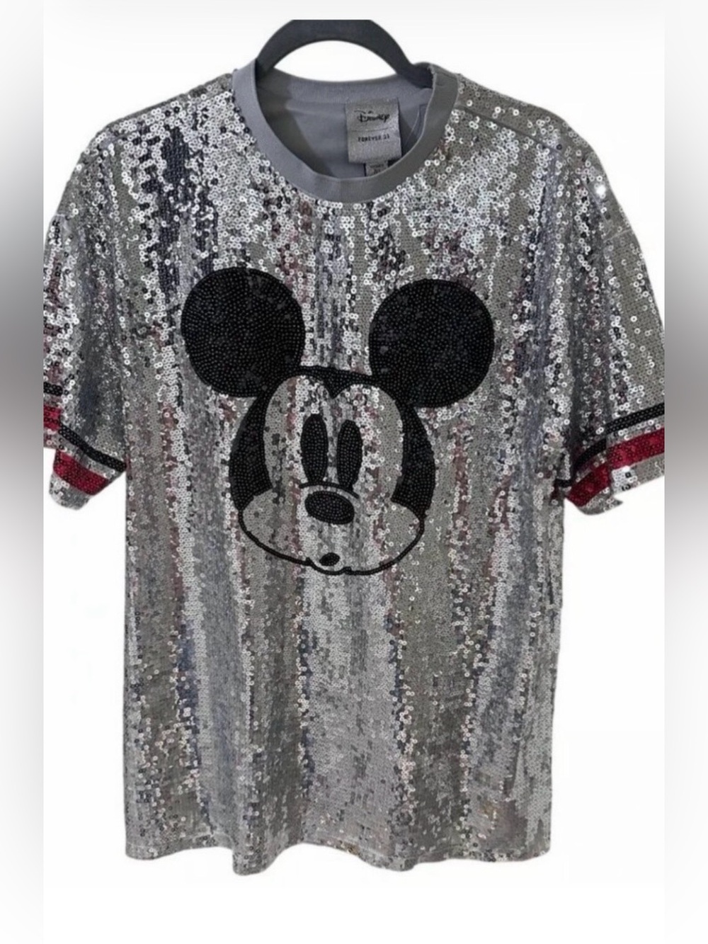 Forever 21 Silver Sequin Mickey Mouse Short Sleeve Tee with Black & Red Accents